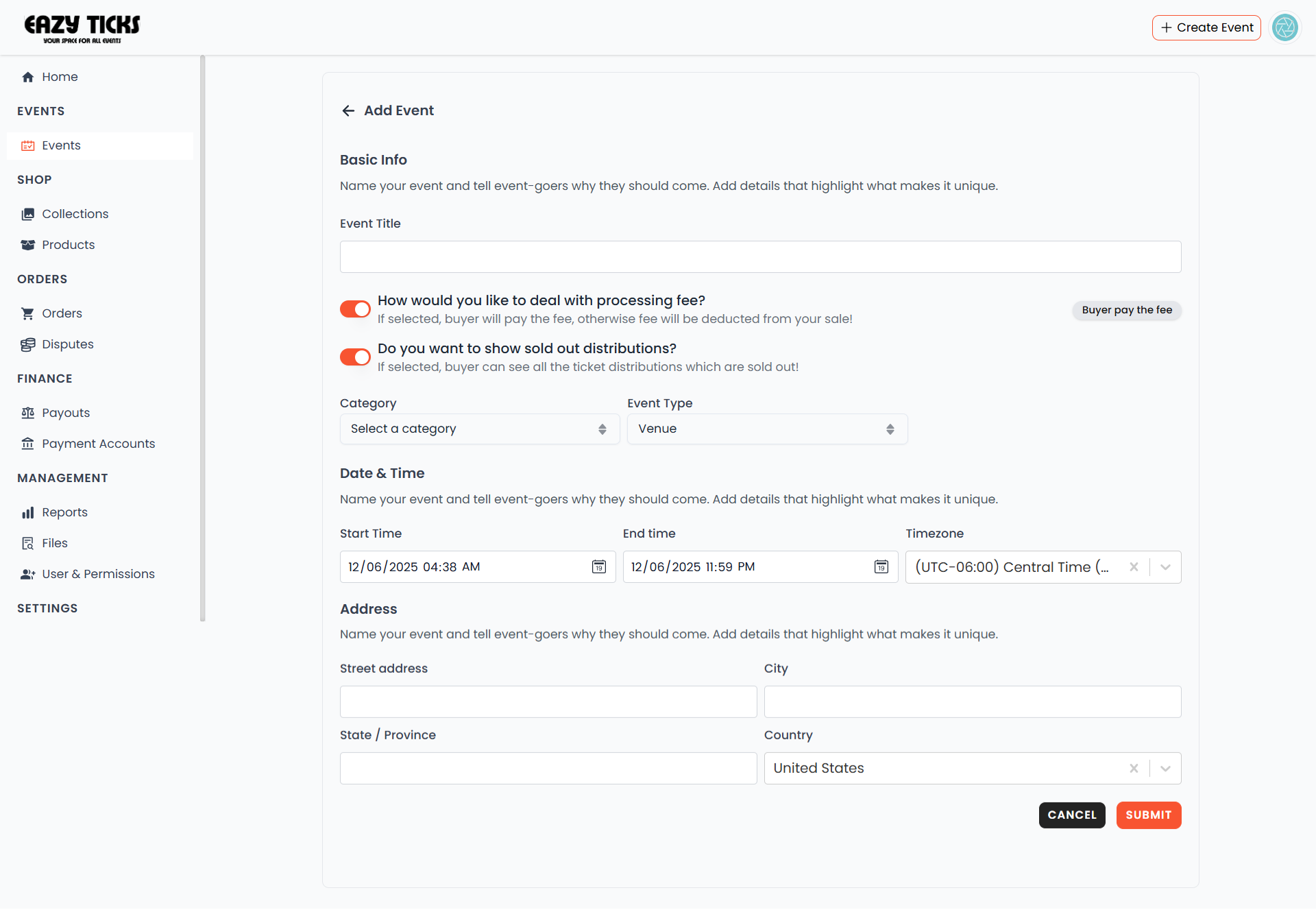 Create event form