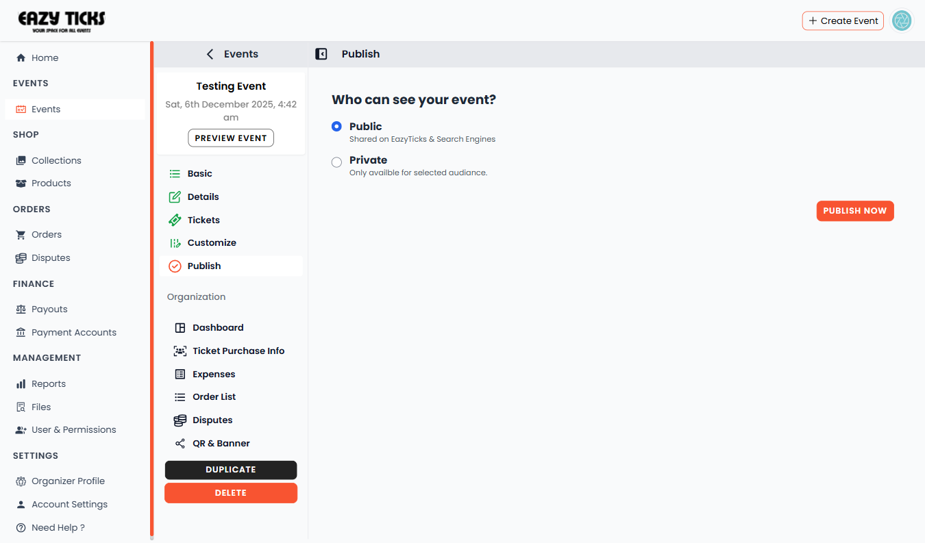 Publish event modal